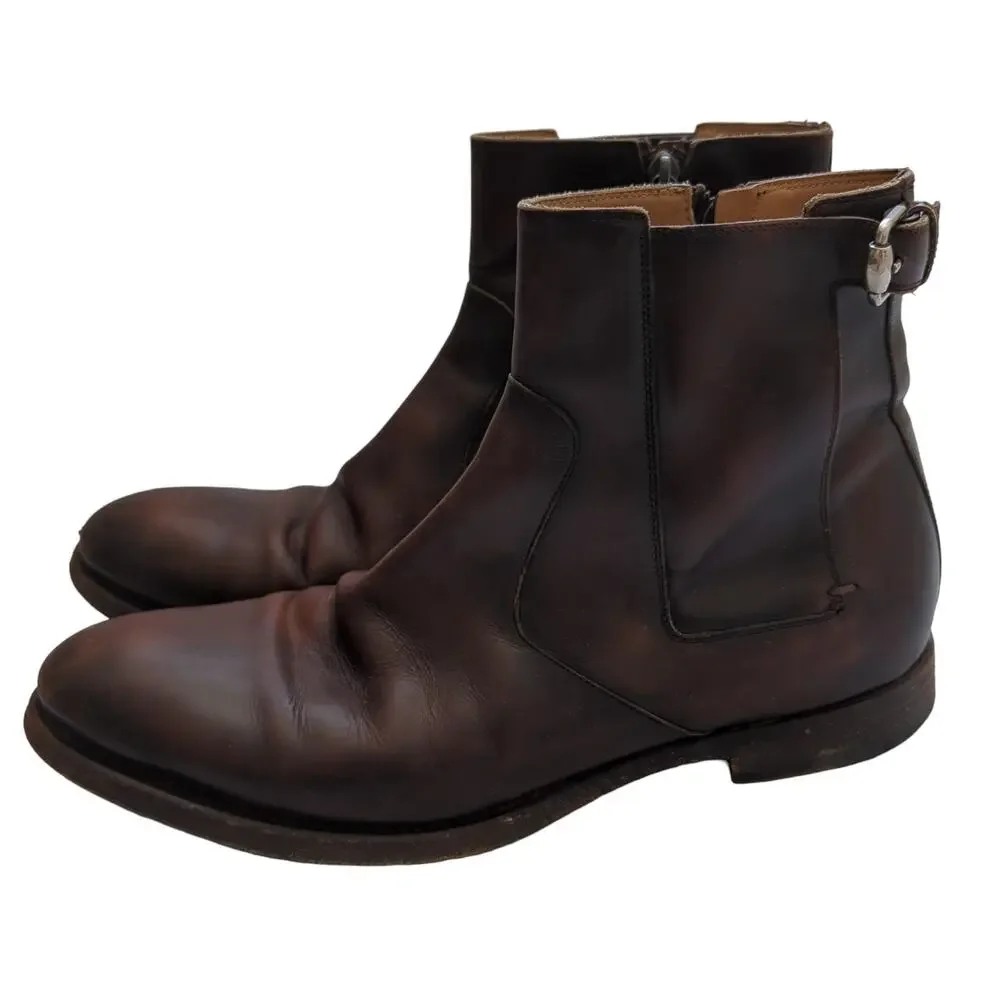 Gucci Mens Shoes Brown Leather Round Toe Zip Ankle Boots Size 8.5‎ Made in Italy